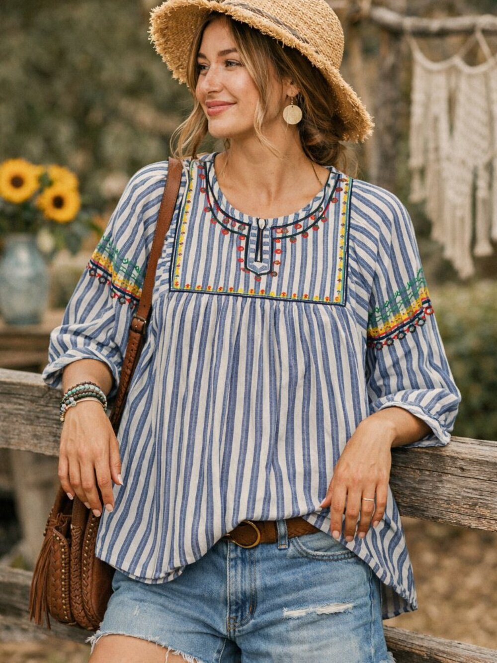 Hayden Los Angeles Embroidered Stripe Boho Top Womens Medium Cotton